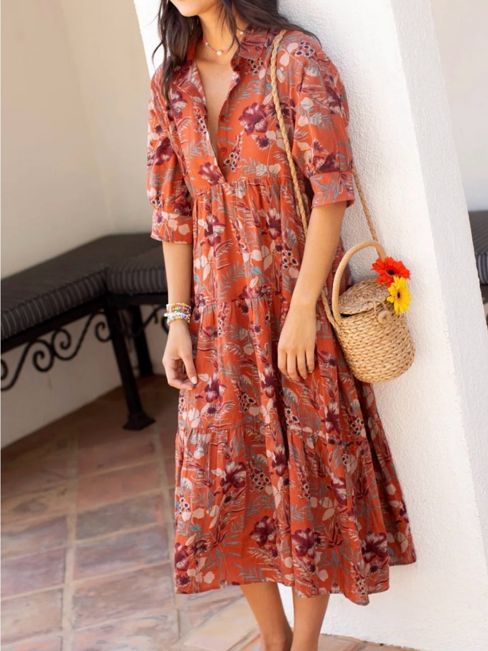 NATURAL LIFE Terracotta Floral Button-Front Rebecca Midi Dress